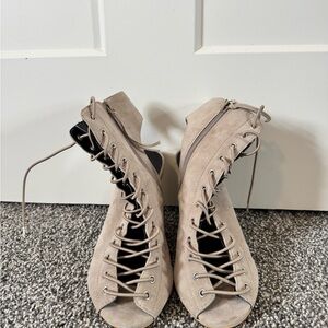 Rebecca Minkoff Lace-Up Peep Toe Heels in Taupe